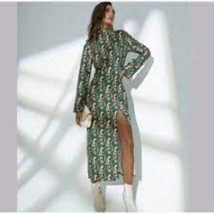 ZARA Paisley Print High Neck Long Sleeve Blogger Fave Front Slit Midi Dress, XS